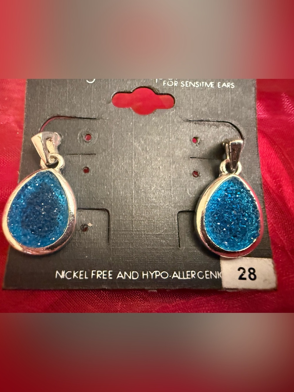 Blue Teardrop Druzy Drop Earrings - Nickel Free